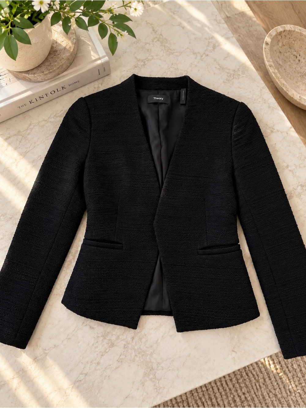 Theory Lanai Black Textured Open-Front Blazer Jacket Size 2
